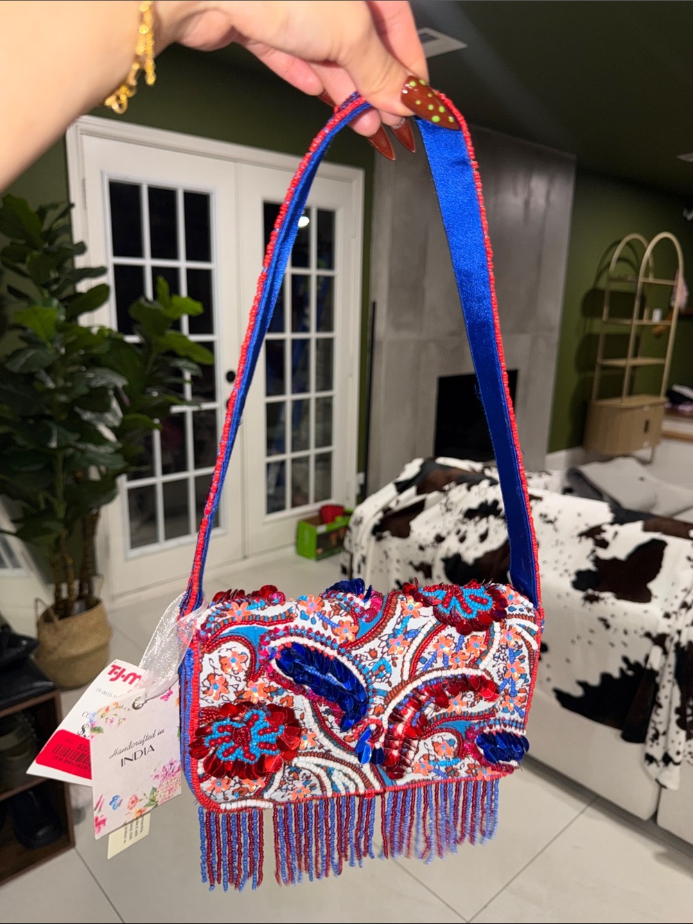 Beaded Paisley Fringe Shoulder Bag - Blue & Red